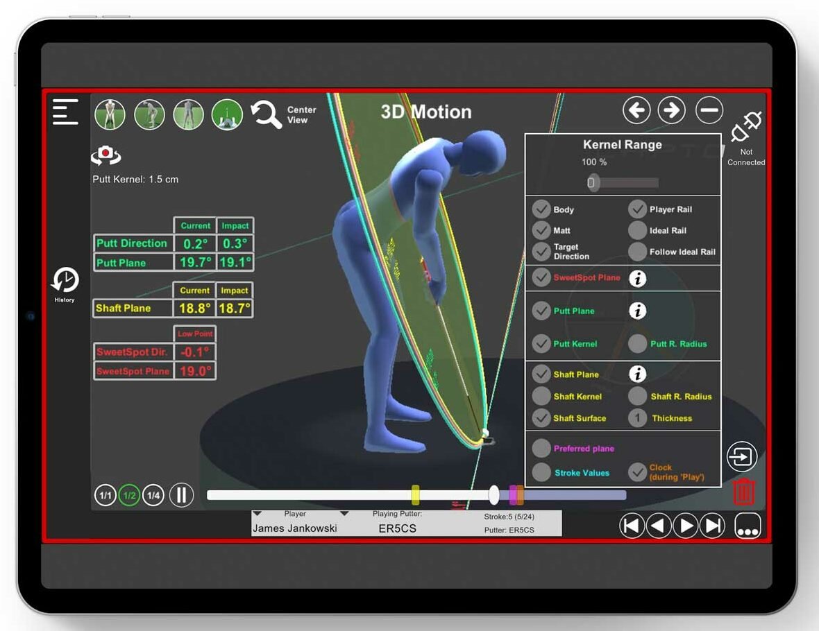 Analyse 3D d'un mouvement de putting affichée sur une tablette